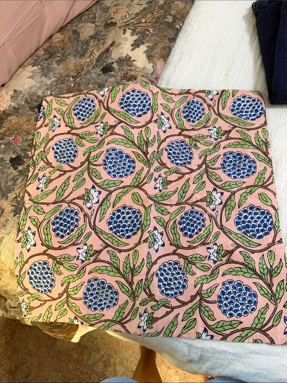Floral Pink Blue Cotton block print  Cushion Cover 18x18
